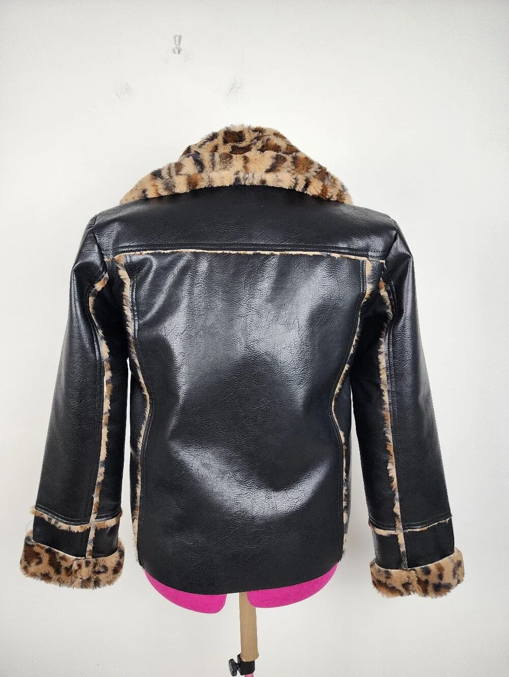 Black Faux Leather Moto Jacket with Leopard Faux Fur Accent